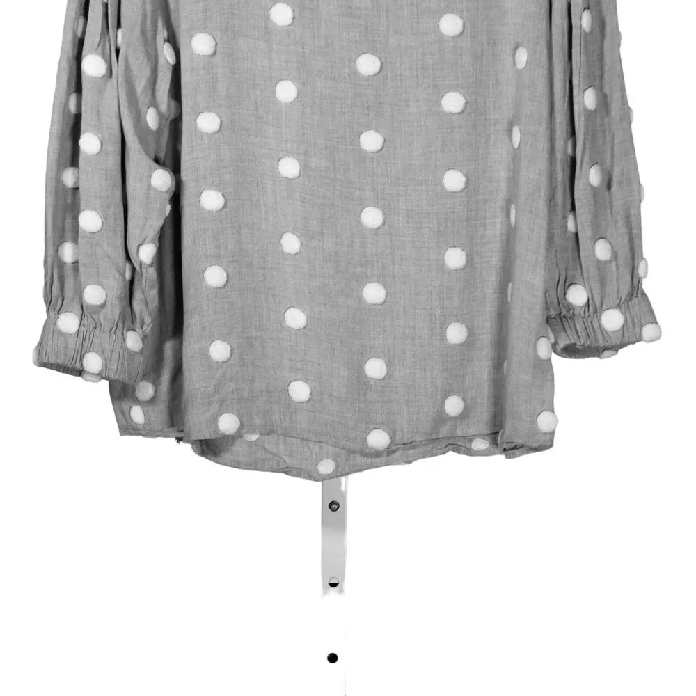 Zara Women's Blouse Gray White Polka Dot Pom Pom Puff Sleeve Coquette Top Small